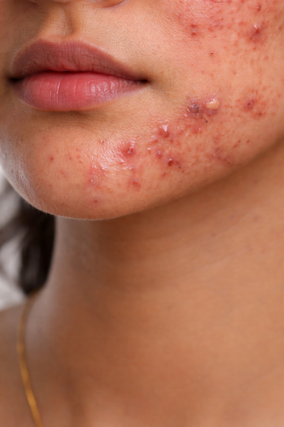 Close-up of a person's face with visible acne on the cheek.