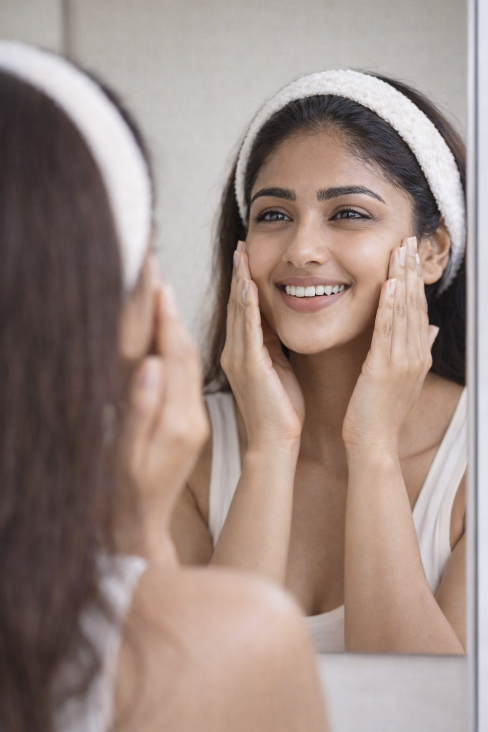 Woman applying cream to her face in front of a mirror
