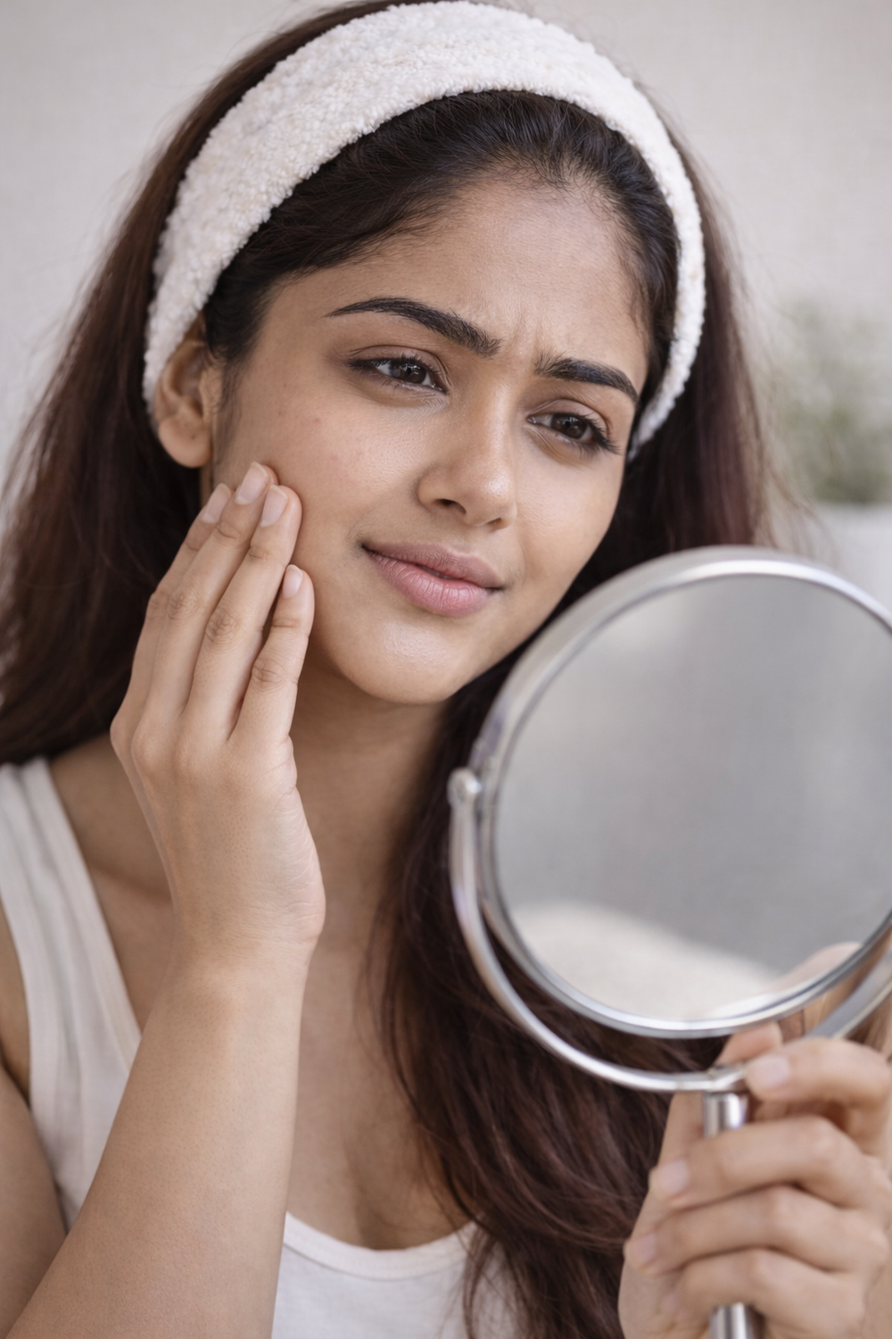 Woman examining her face in a handheld mirror.