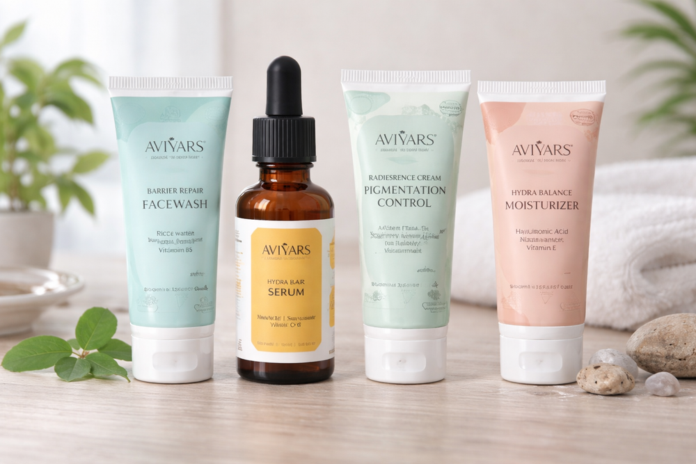 Avivars skincare products on a wooden surface with a natural background