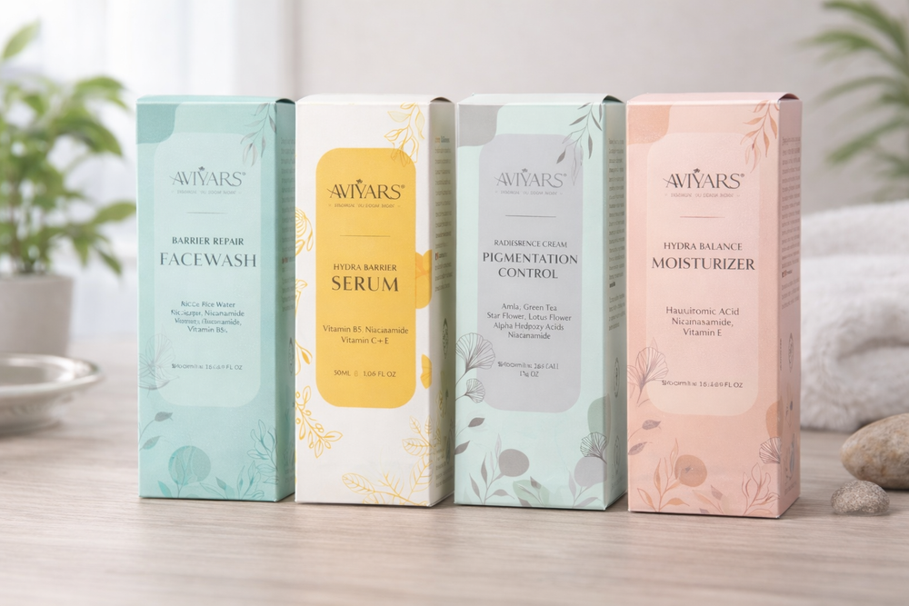 Four skincare product boxes from Aviars on a wooden surface with a blurred background.