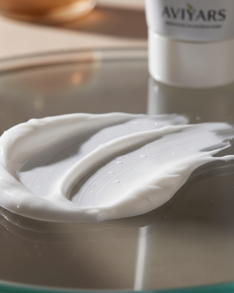 White cream on a glass surface with 'AVIVARS' branding in the background