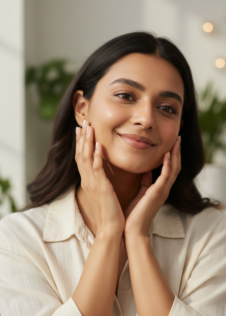 Woman with hands on face in a softly lit room with plants
